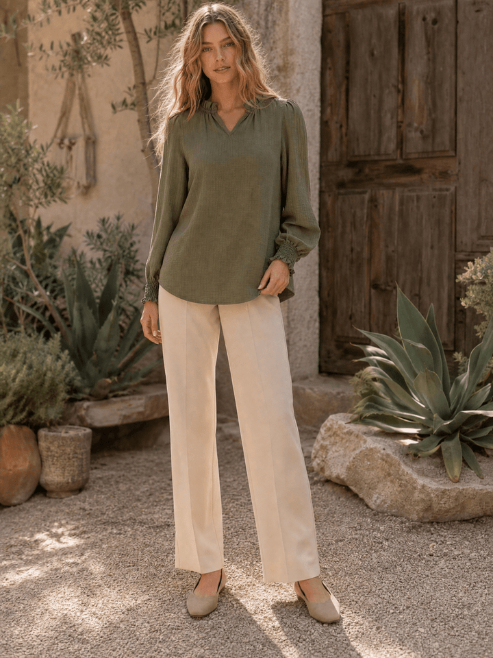 WOMEN'S LONG SLEEVE RUFFLE V-NECK BLOUSE