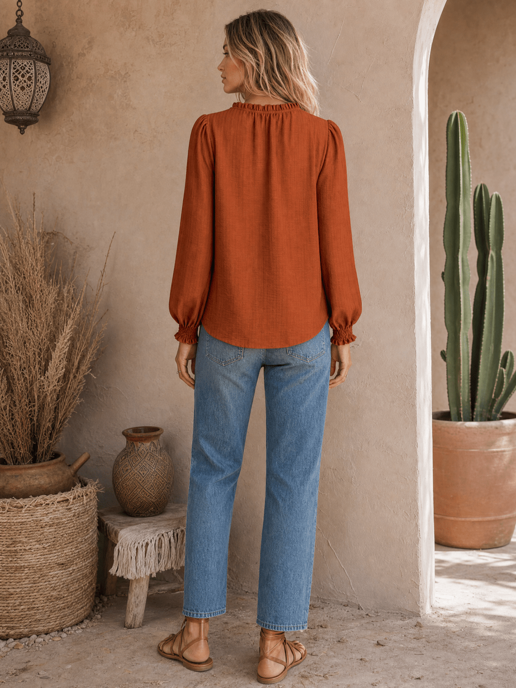 WOMEN'S LONG SLEEVE RUFFLE V-NECK BLOUSE