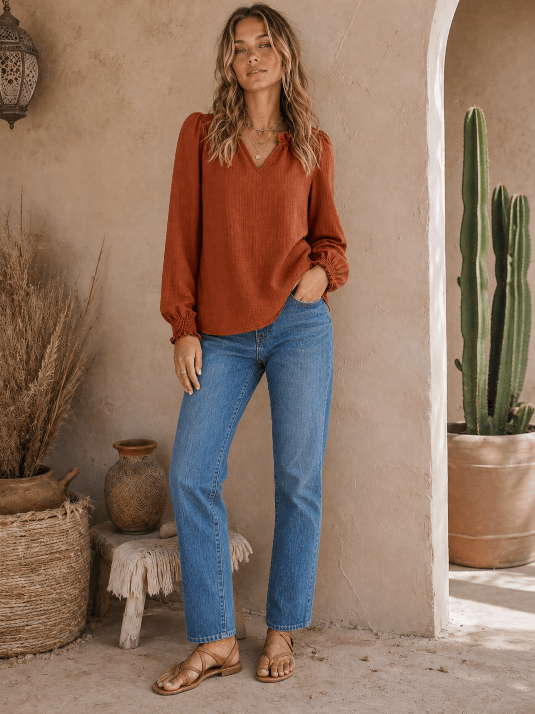 WOMEN'S LONG SLEEVE RUFFLE V-NECK BLOUSE