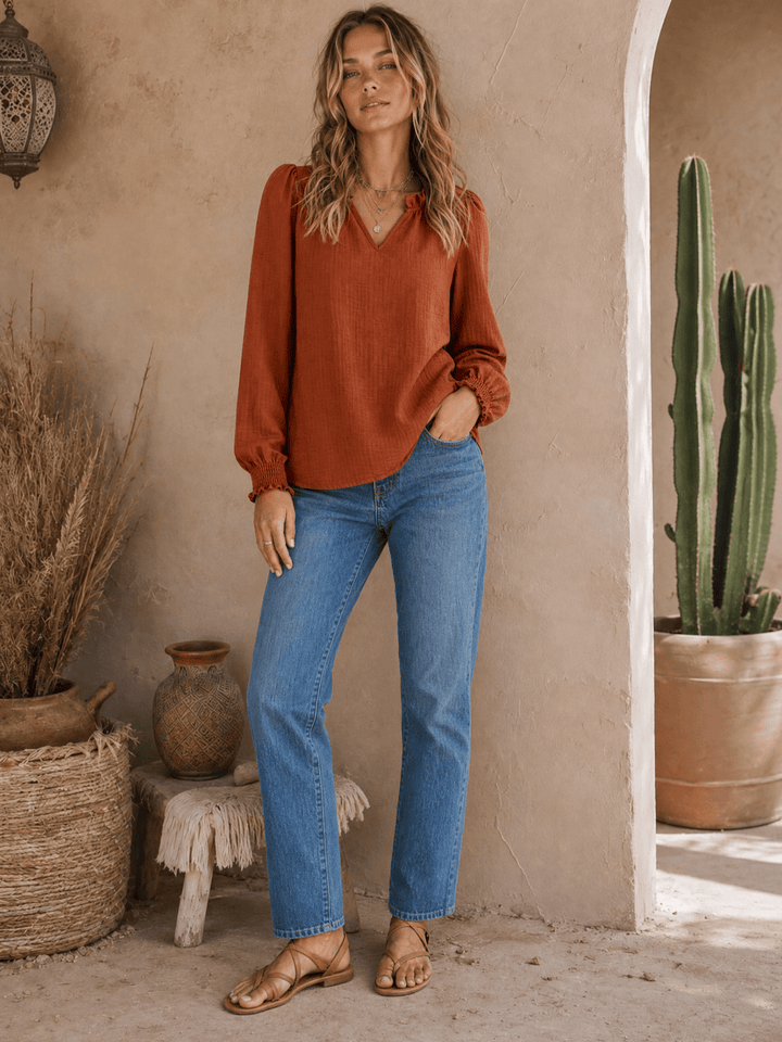 WOMEN'S LONG SLEEVE RUFFLE V-NECK BLOUSE