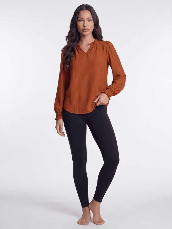 WOMEN'S LONG SLEEVE RUFFLE V-NECK BLOUSE