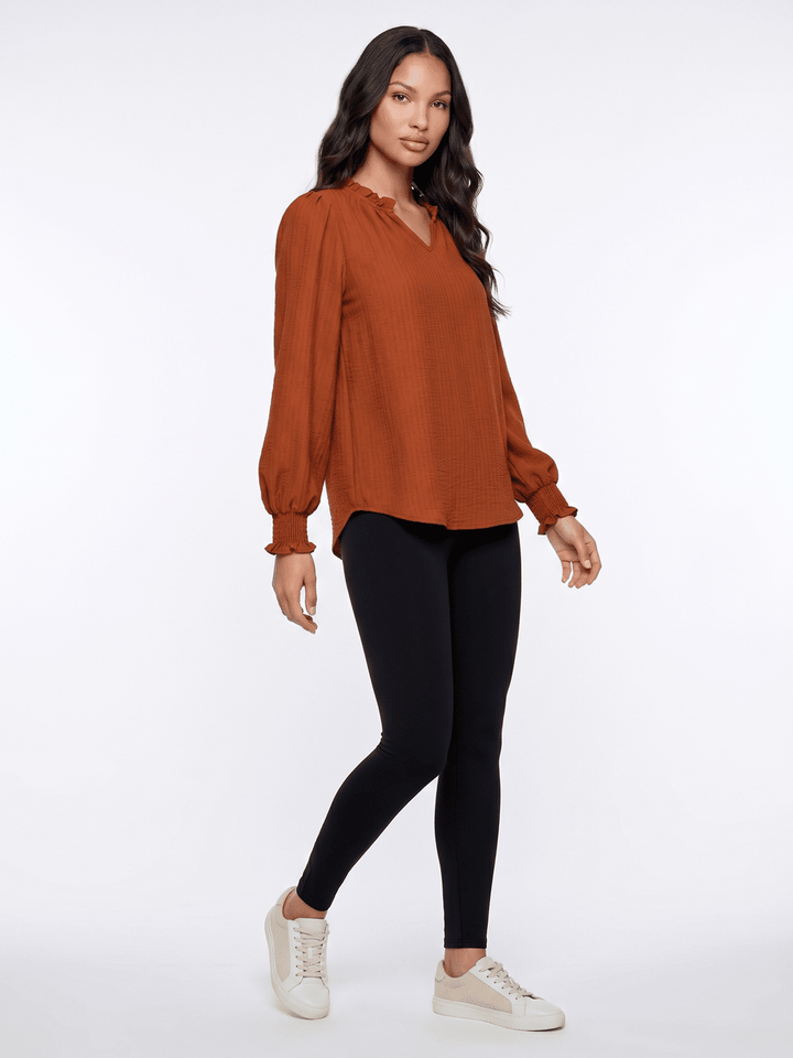 WOMEN'S LONG SLEEVE RUFFLE V-NECK BLOUSE