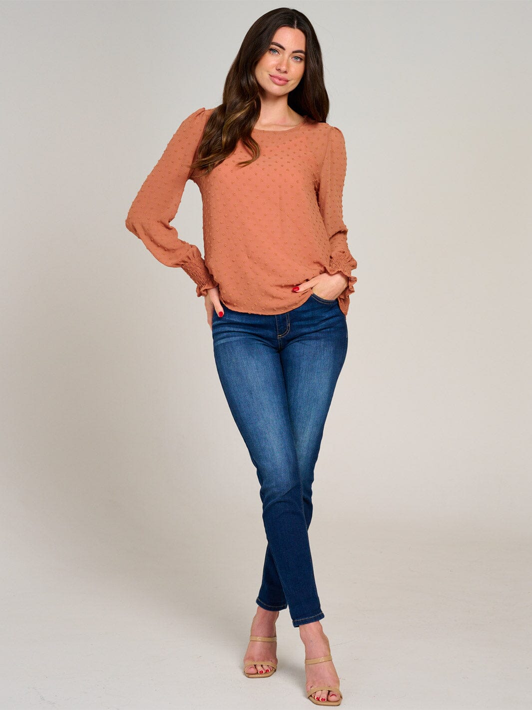 WOMEN'S LONG SLEEVE SWISS DETAILED BLOUSE