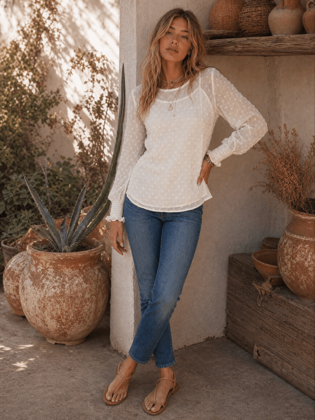 WOMEN'S LONG SLEEVE SWISS DETAILED BLOUSE