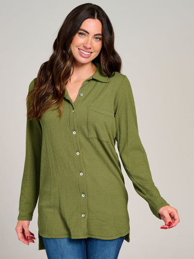 WOMEN'S LONG SLEEVE BUTTON CLOSURE FRONT POCKET RIBBED TOP