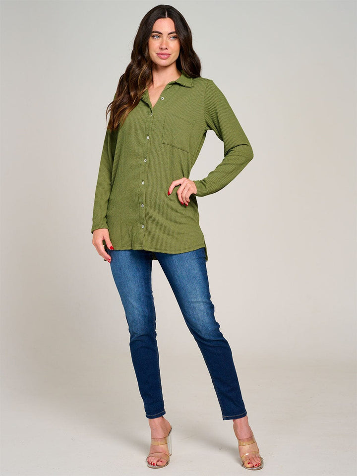 WOMEN'S LONG SLEEVE BUTTON CLOSURE FRONT POCKET RIBBED TOP