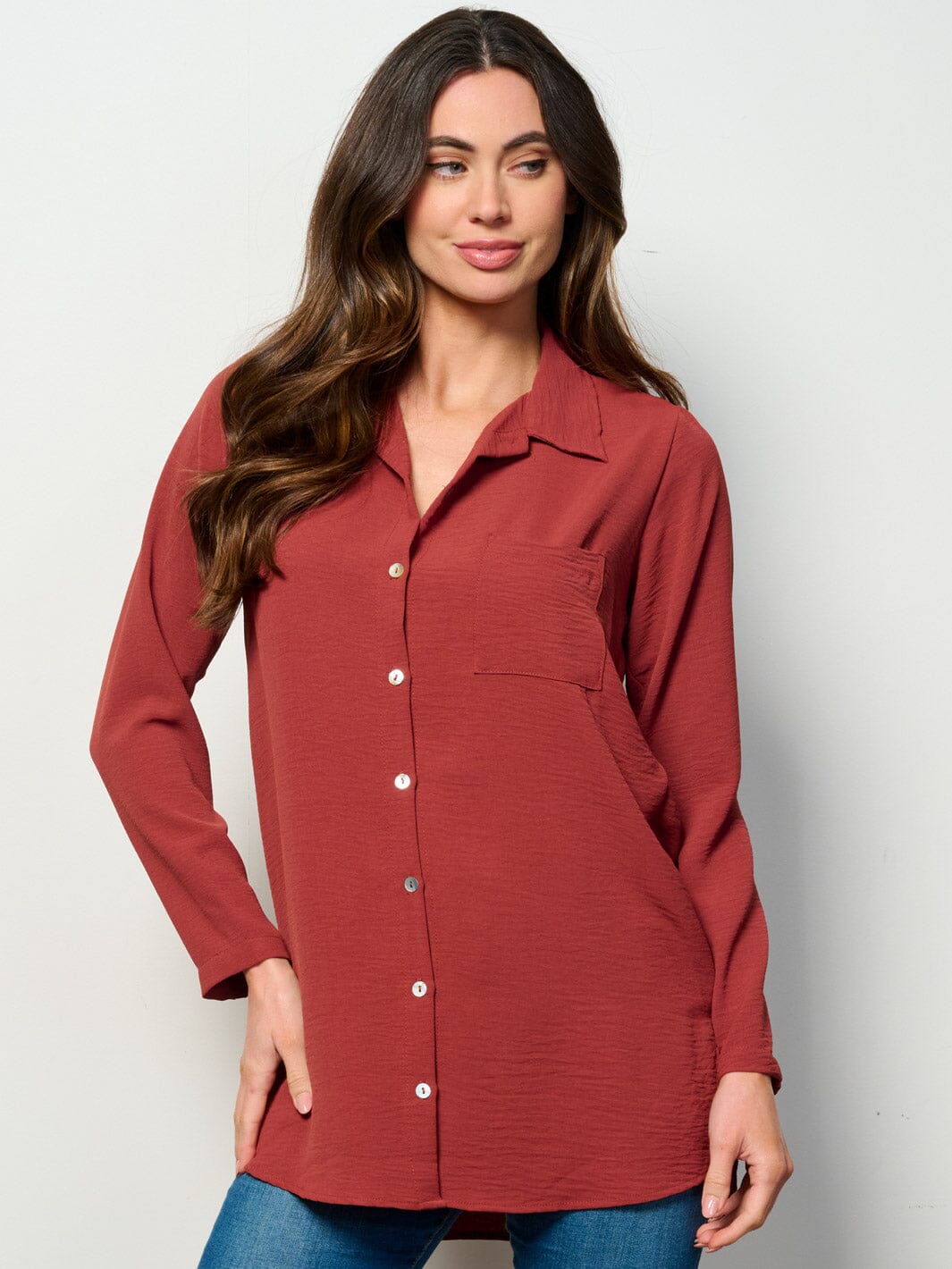 WOMEN'S LONG SLEEVE BUTTON UP FRONT POCKET BLOUSE TOP