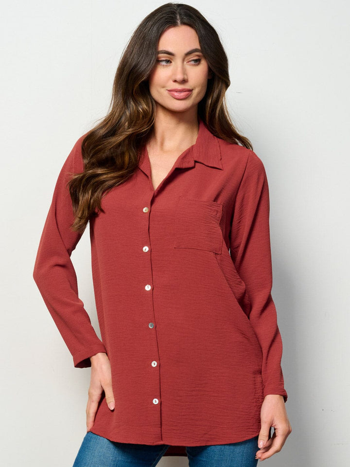 WOMEN'S LONG SLEEVE BUTTON UP FRONT POCKET BLOUSE TOP