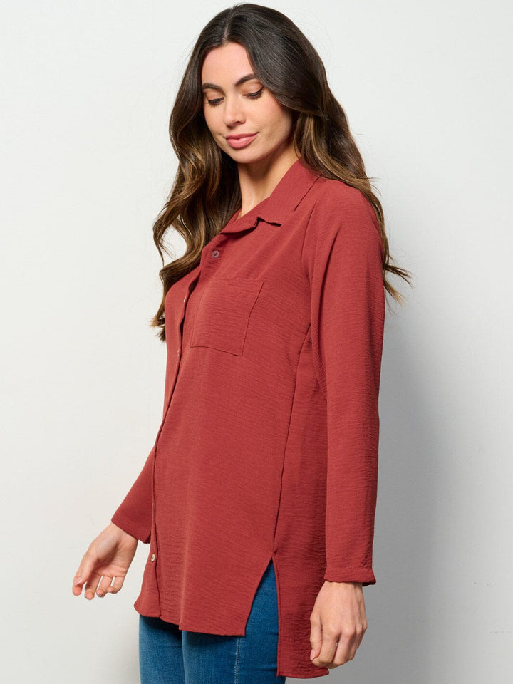 WOMEN'S LONG SLEEVE BUTTON UP FRONT POCKET BLOUSE TOP