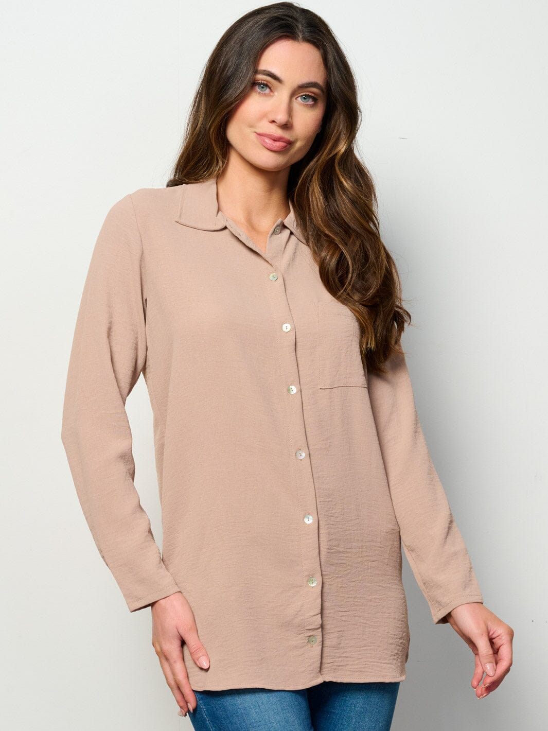 WOMEN'S LONG SLEEVE BUTTON UP FRONT POCKET BLOUSE TOP