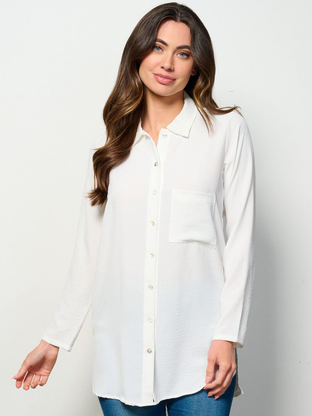 WOMEN'S LONG SLEEVE BUTTON UP FRONT POCKET BLOUSE TOP