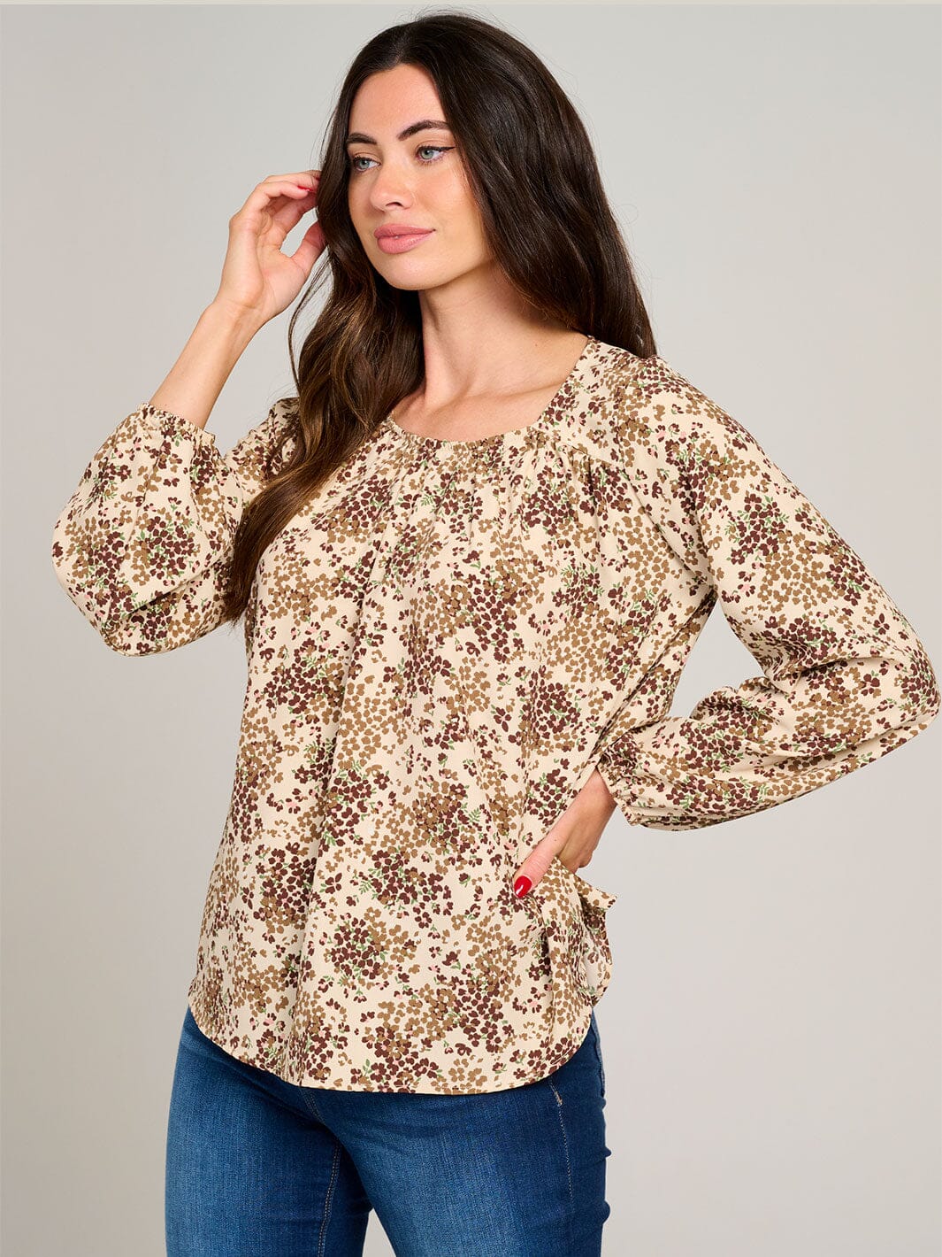 WOMEN'S LONG SLEEVE ROUND NECK FLORAL BLOUSE