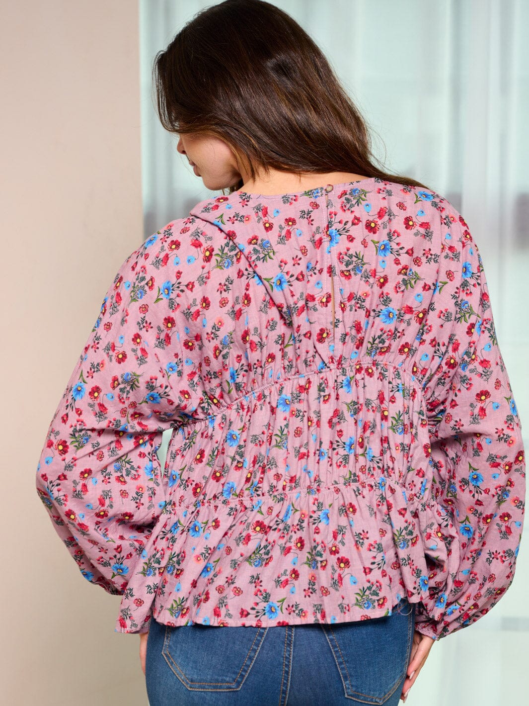 WOMEN'S LONG SLEEVE V-NECK FLORAL TUNIC BLOUSE TOP