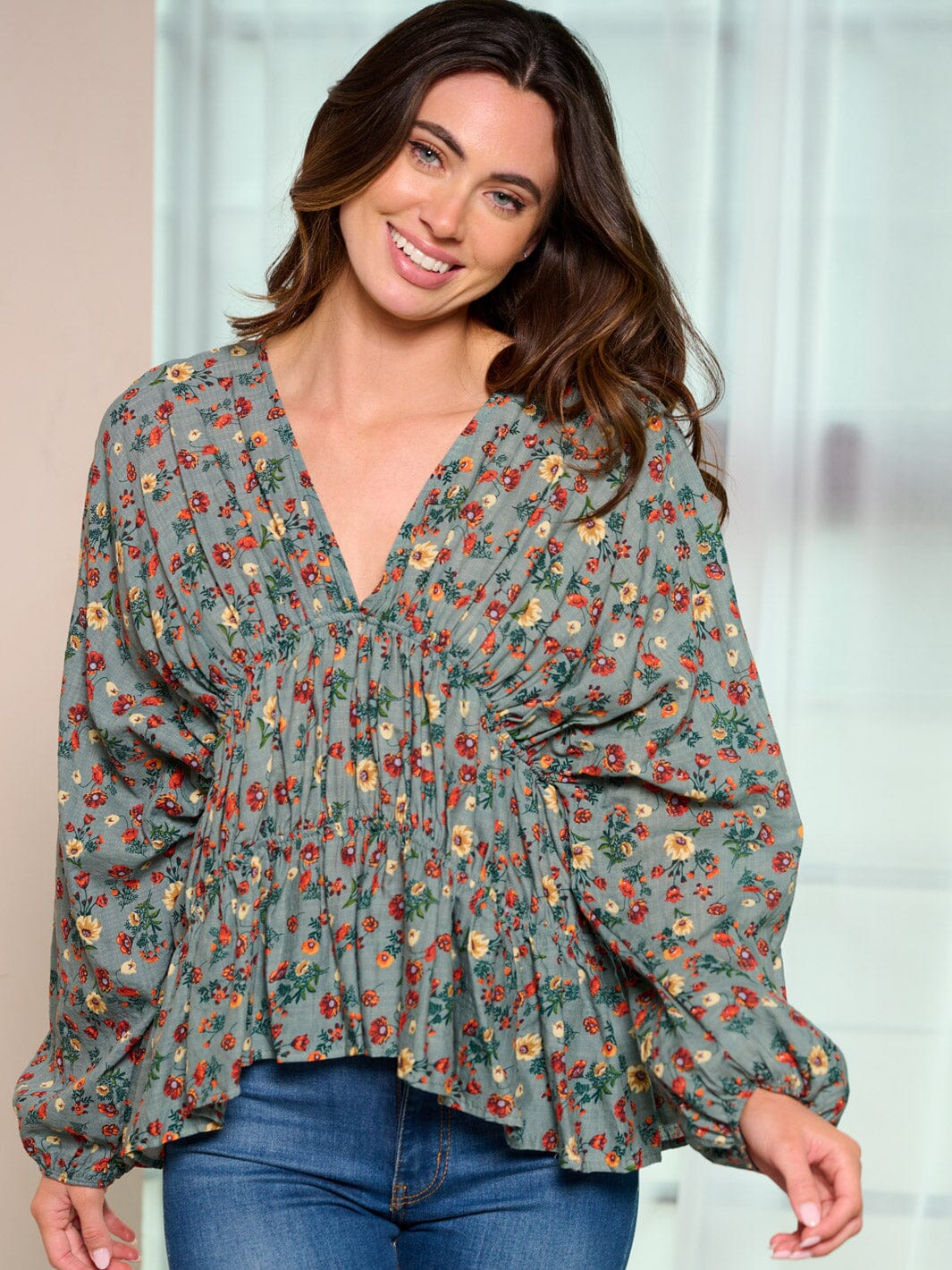 WOMEN'S LONG SLEEVE V-NECK FLORAL TUNIC BLOUSE TOP