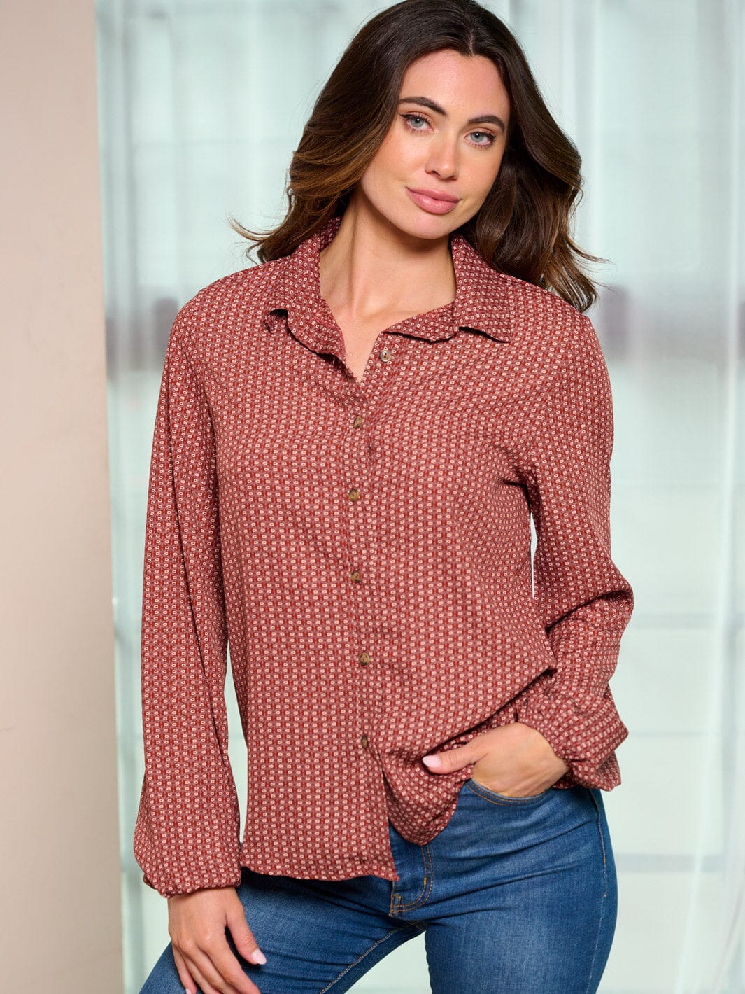 WOMEN'S LONG SLEEVE BUTTON UP FLOWER PRINT BLOUSE TOP