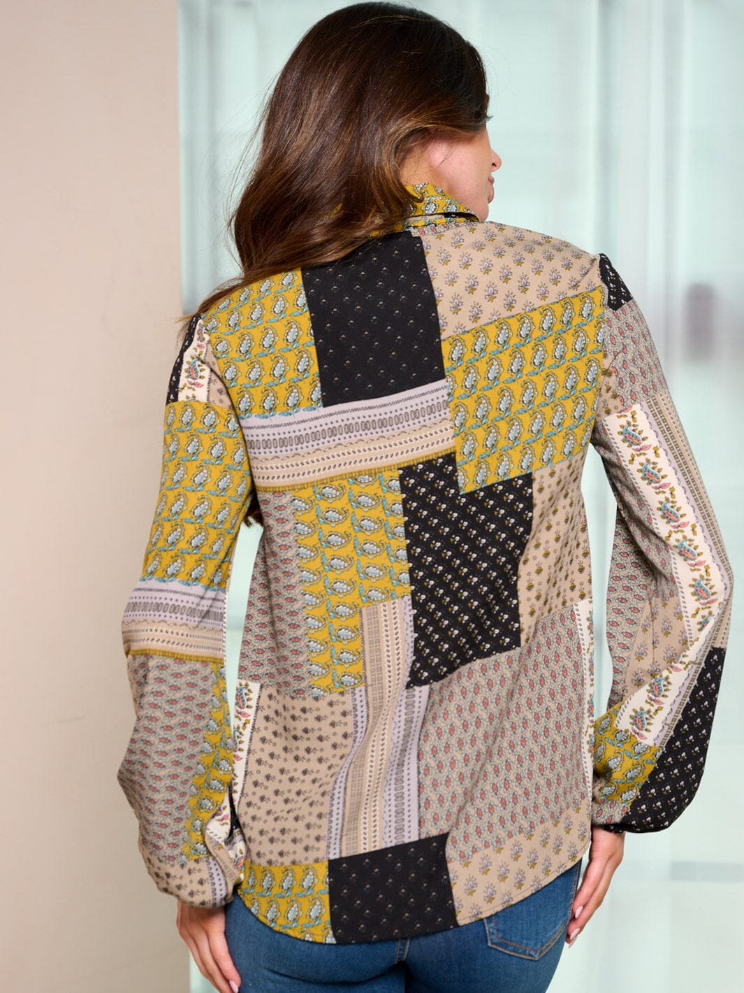 WOMEN'S LONG SLEEVE BUTTON UP MULTI PRINT BLOUSE TOP