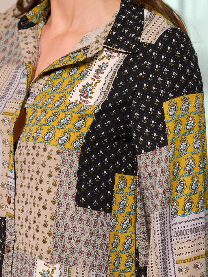 WOMEN'S LONG SLEEVE BUTTON UP MULTI PRINT BLOUSE TOP