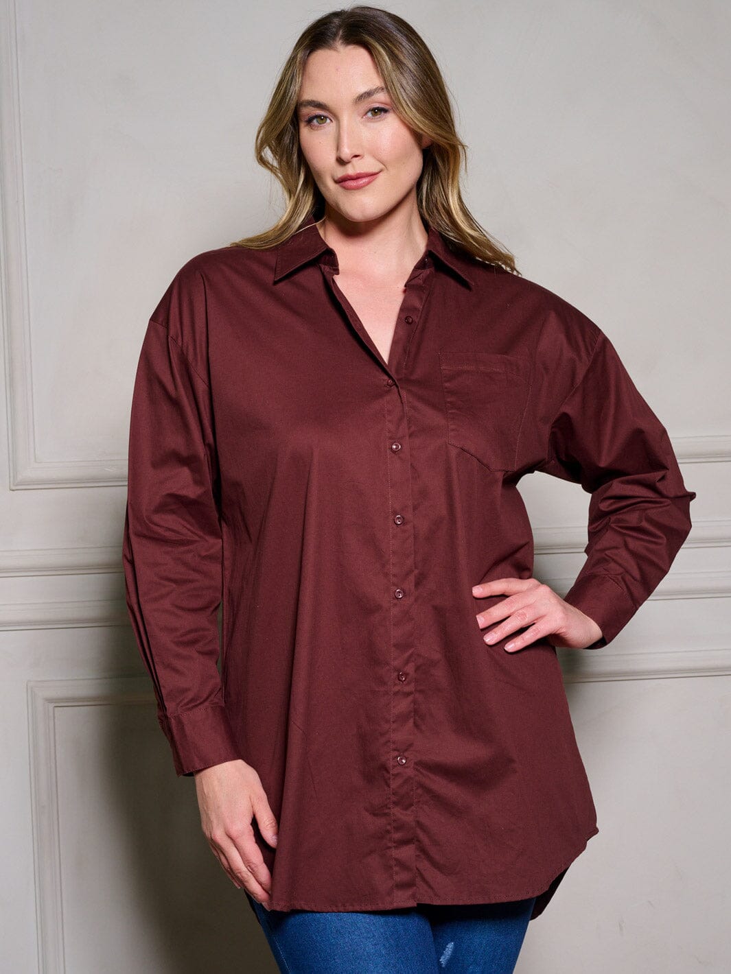 PLUS SIZE LONG SLEEVE BUTTON UP OVERSIZE BLOUSE TOP
