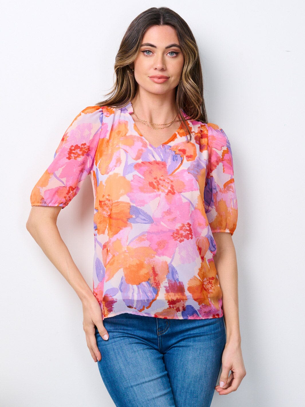 WOMEN'S SHORT SLEEVE V-NECK FLORAL BLOUSE TOP