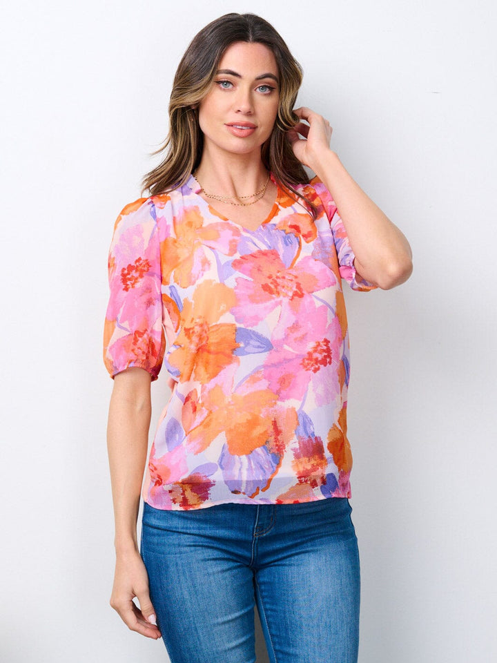WOMEN'S SHORT SLEEVE V-NECK FLORAL BLOUSE TOP