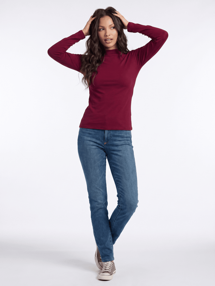 WOMEN'S LONG SLEEVE MOCK NECK RIBBED TOP