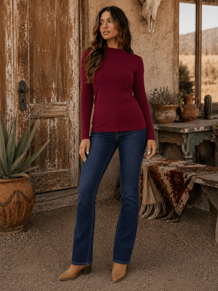 WOMEN'S LONG SLEEVE MOCK NECK RIBBED TOP