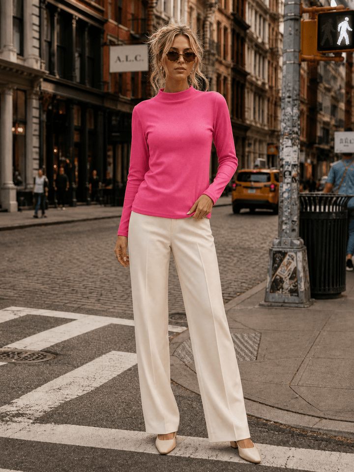 WOMEN'S LONG SLEEVE MOCK NECK RIBBED TOP