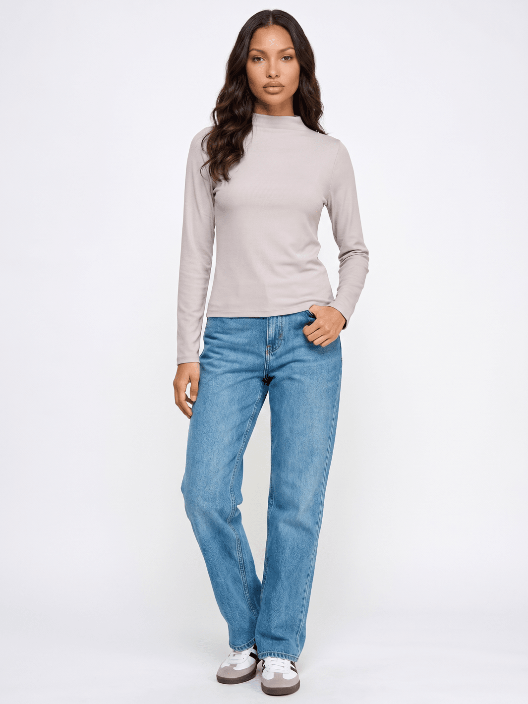WOMEN'S LONG SLEEVE MOCK NECK RIBBED TOP