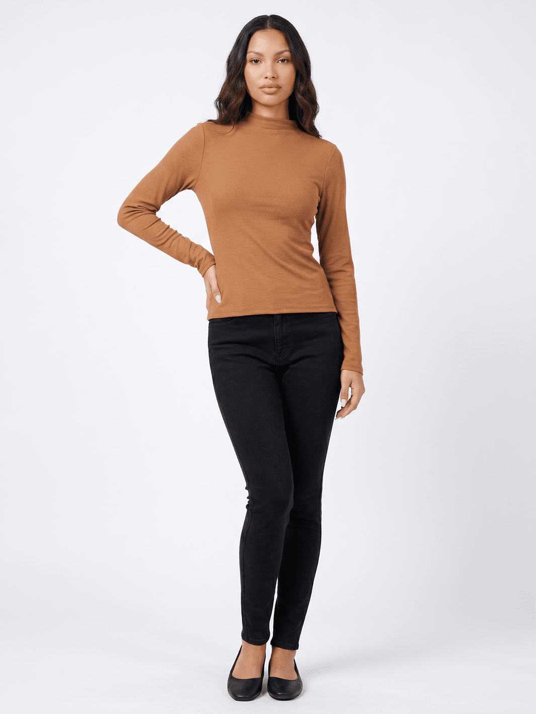 WOMEN'S LONG SLEEVE MOCK NECK RIBBED TOP