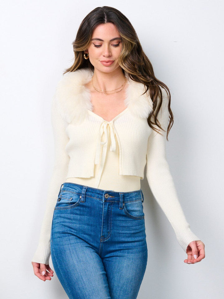 WOMEN'S LONG SLEEVE FUR COLLARD RIB CROP TOP