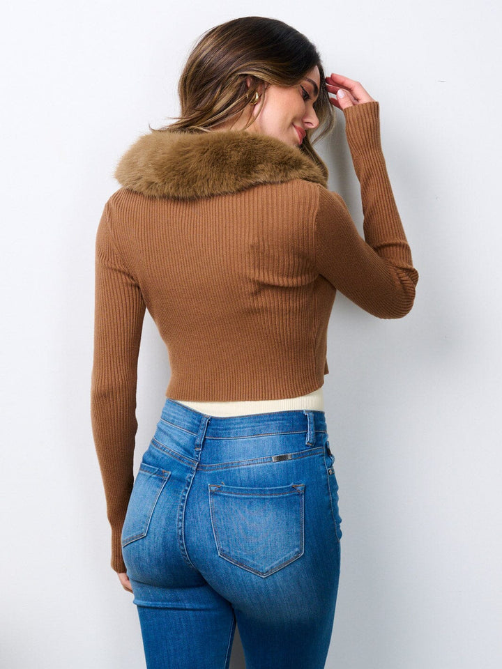 WOMEN'S LONG SLEEVE FUR COLLARD RIB CROP TOP