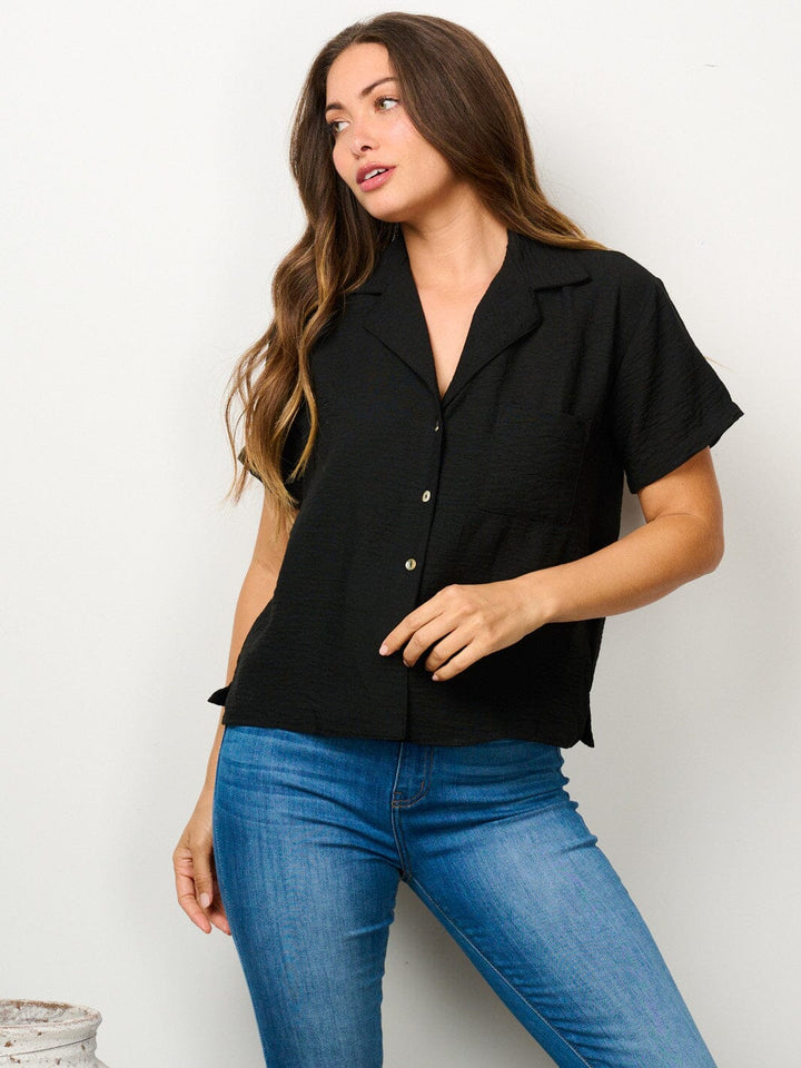 WOMEN'S SHORT SLEEVE BUTTON UP FRONT POCKET TOP