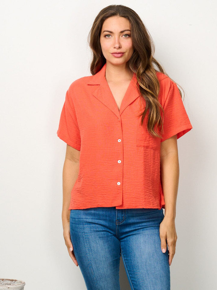 WOMEN'S SHORT SLEEVE BUTTON UP FRONT POCKET TOP
