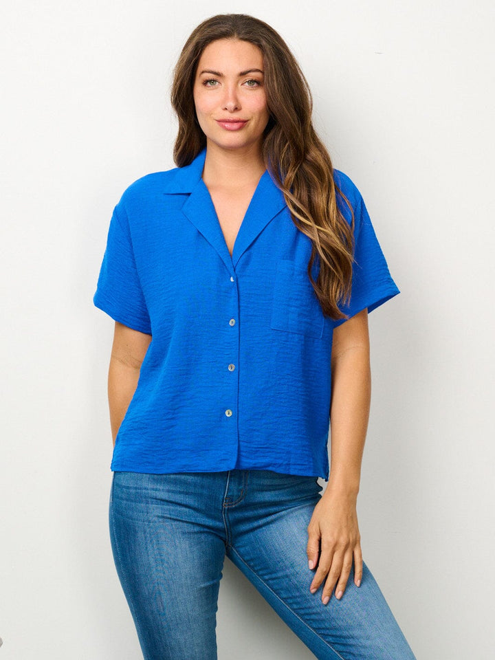 WOMEN'S SHORT SLEEVE BUTTON UP FRONT POCKET TOP