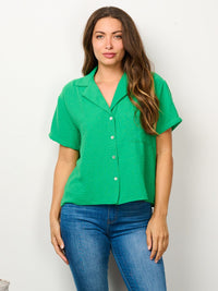 WOMEN'S SHORT SLEEVE BUTTON UP FRONT POCKET TOP