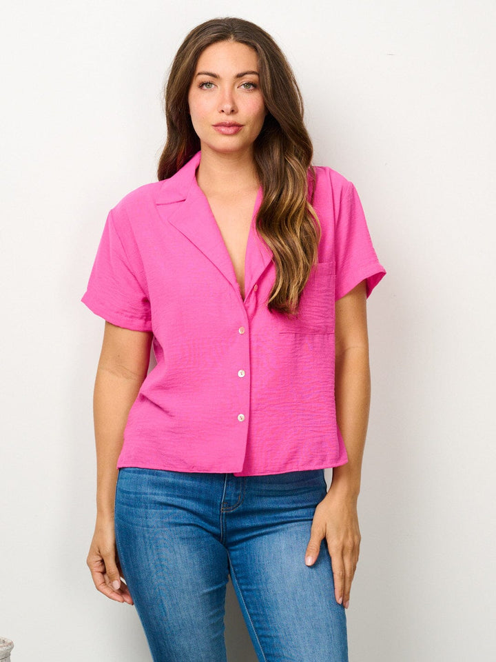 WOMEN'S SHORT SLEEVE BUTTON UP FRONT POCKET TOP