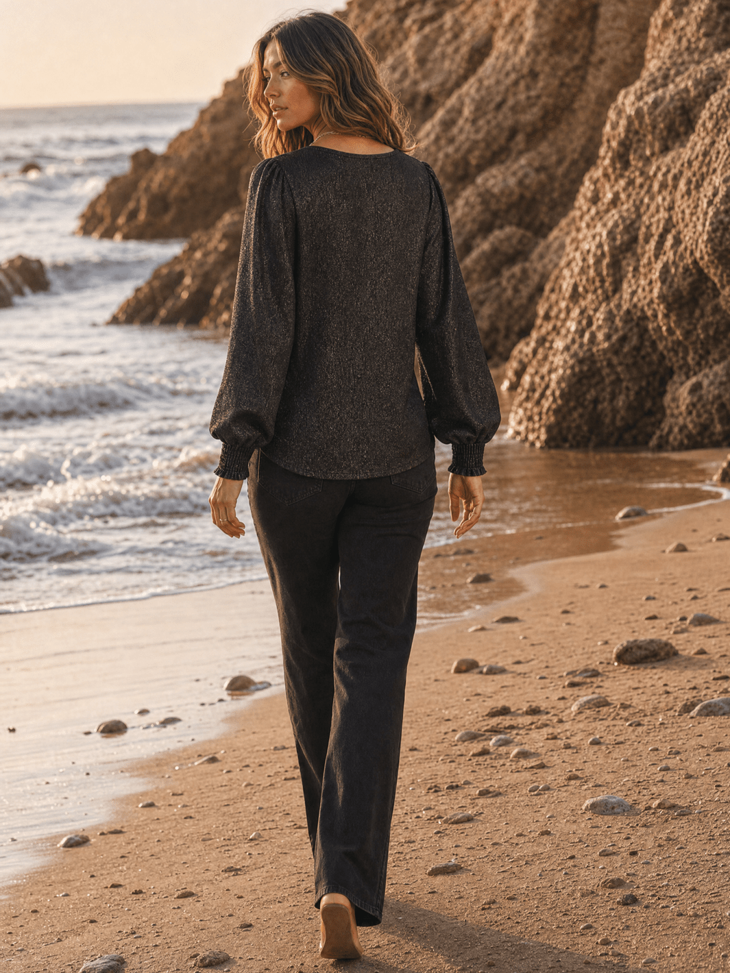 WOMEN'S LONG PUFF SLEEVE SHIMMER BLOUSE