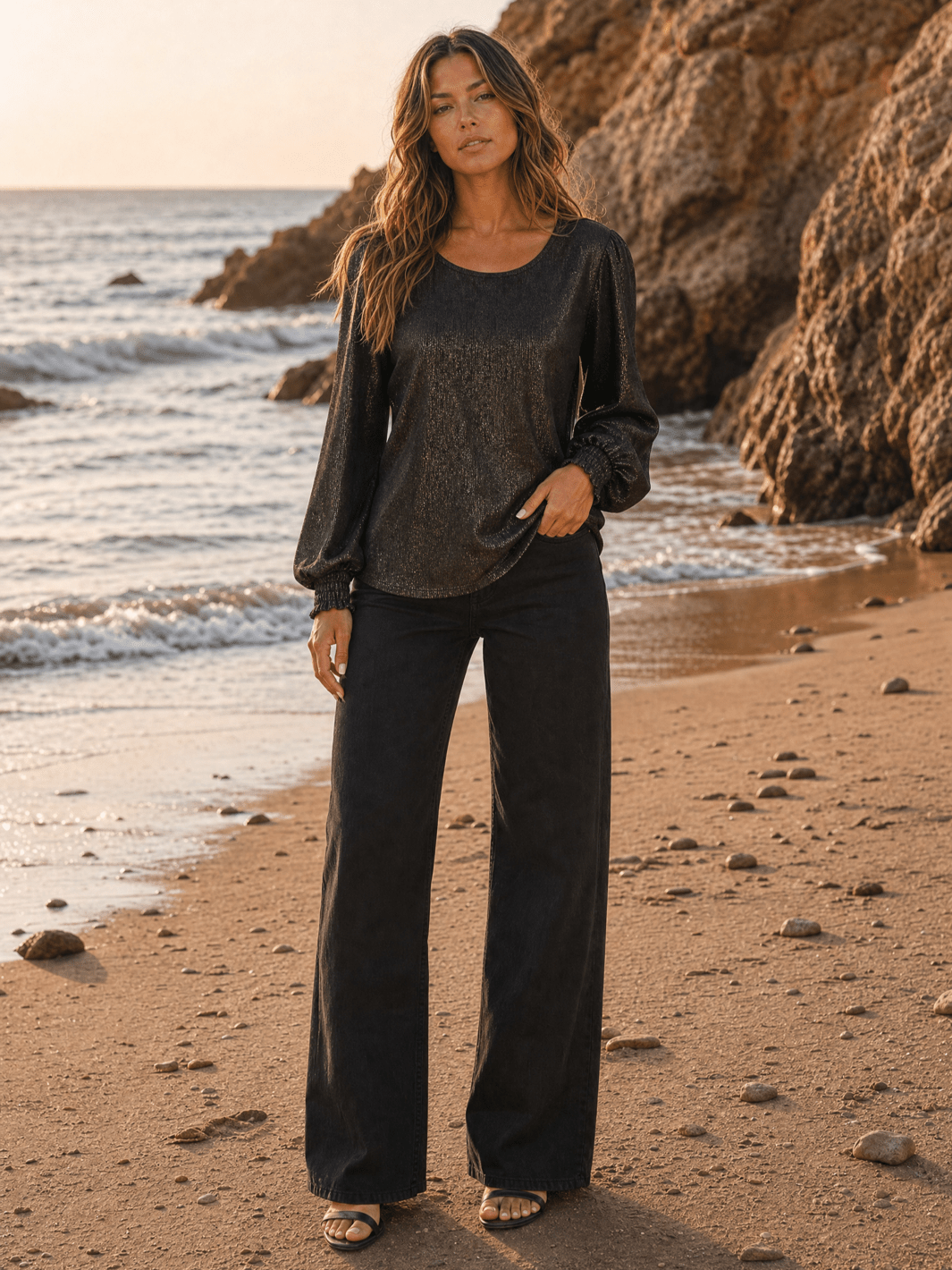 WOMEN'S LONG PUFF SLEEVE SHIMMER BLOUSE