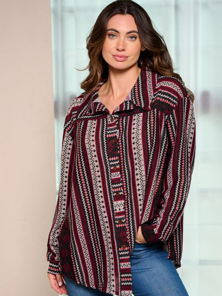 WOMEN'S LONG SLEEVE BUTTON UP MULTI PRINT BLOUSE TOP