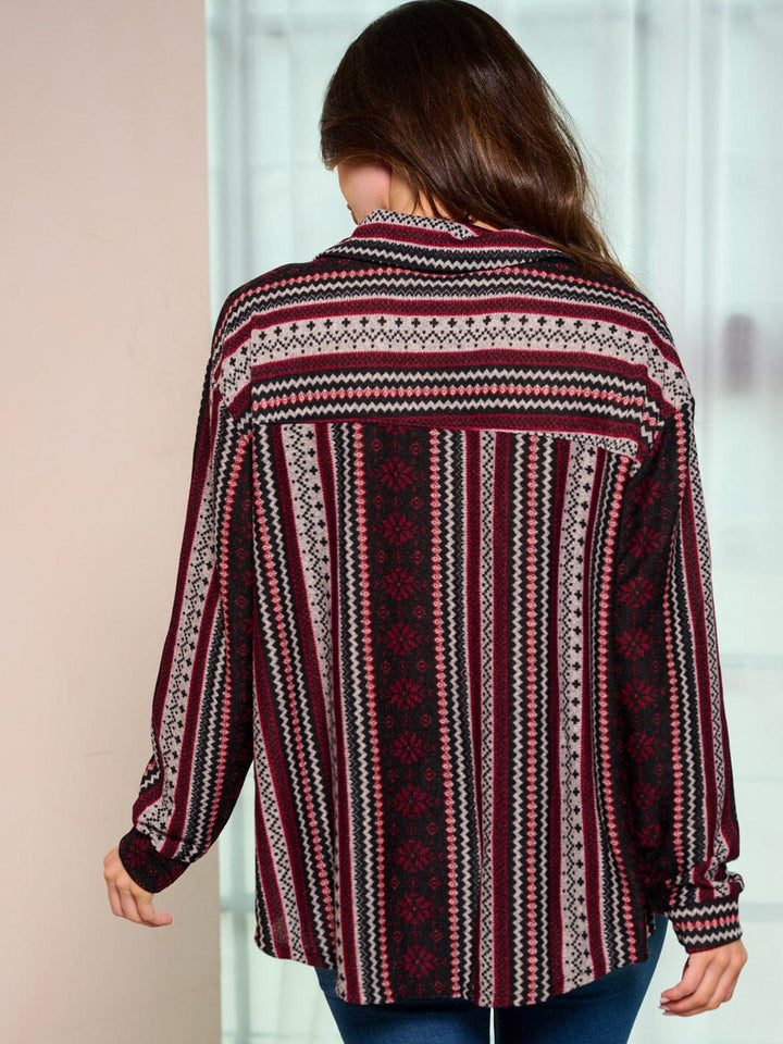 WOMEN'S LONG SLEEVE BUTTON UP MULTI PRINT BLOUSE TOP