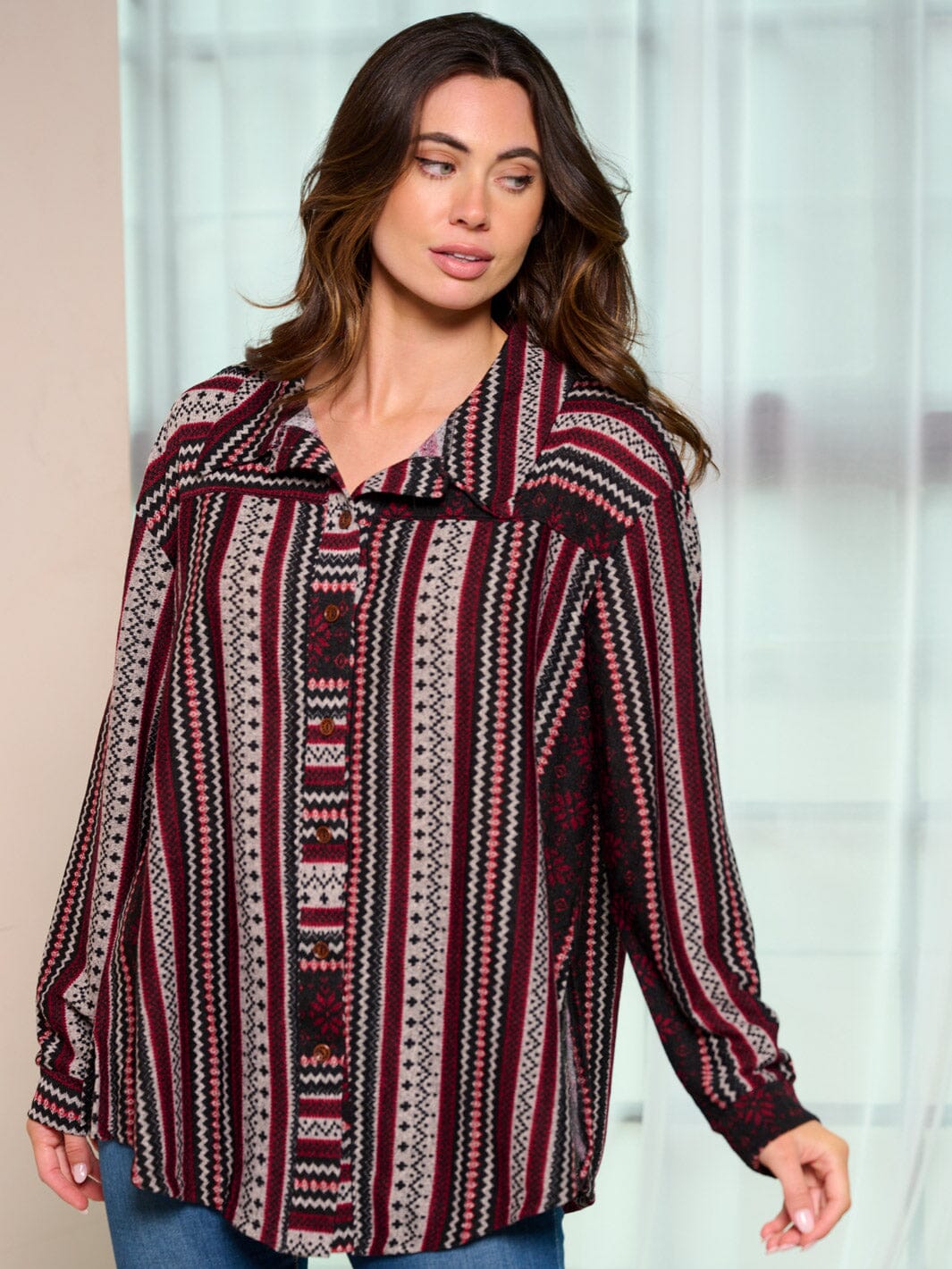 WOMEN'S LONG SLEEVE BUTTON UP MULTI PRINT BLOUSE TOP