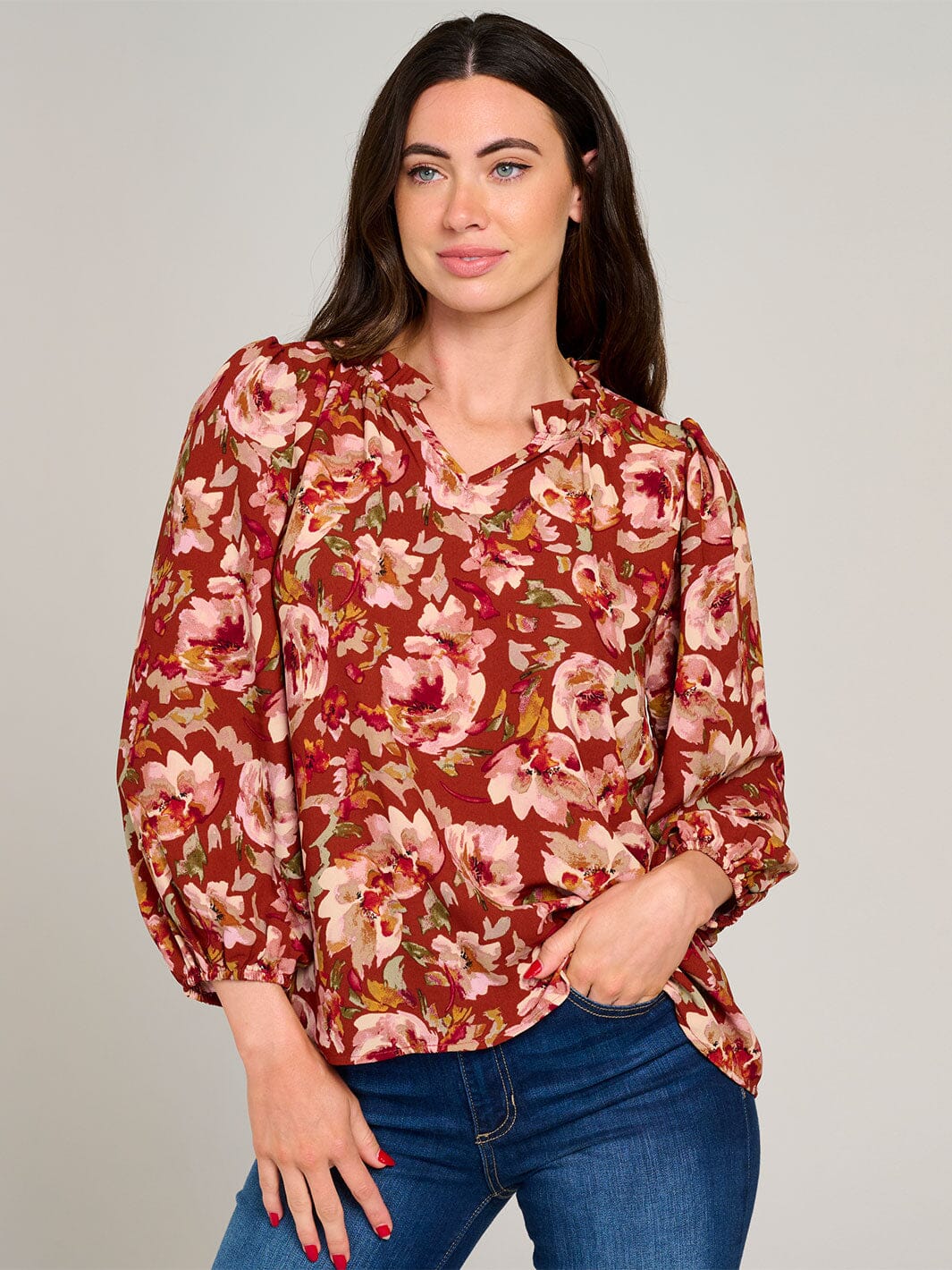 WOMEN'S LONG SLEEVE V-NECK RUFFLE HIGH-LOW FLORAL BLOUSE