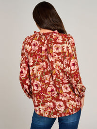 WOMEN'S LONG SLEEVE V-NECK RUFFLE HIGH-LOW FLORAL BLOUSE