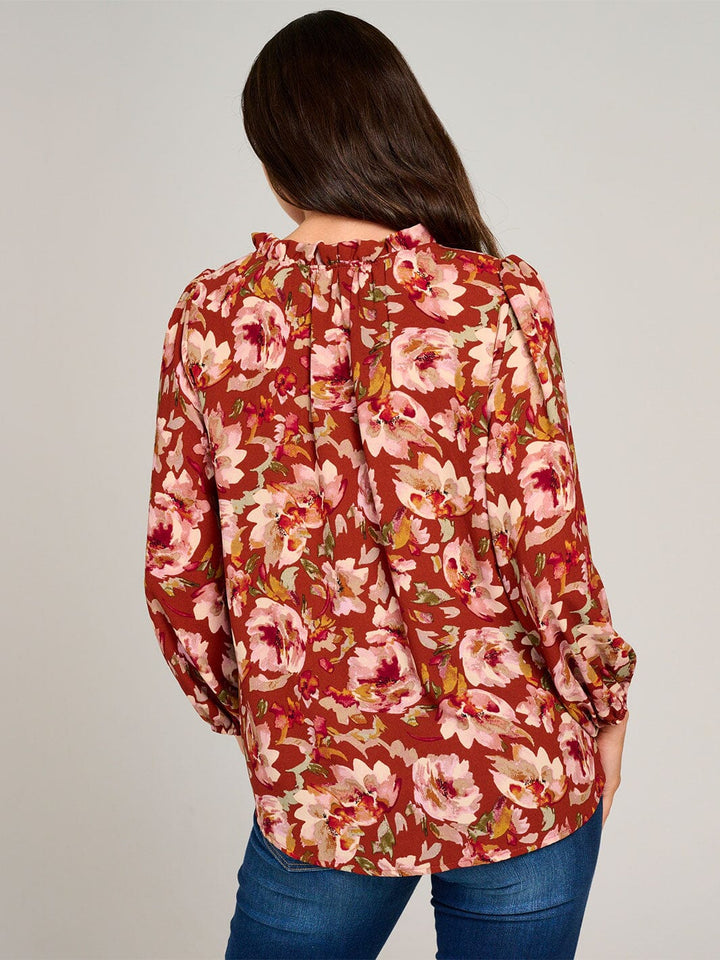 WOMEN'S LONG SLEEVE V-NECK RUFFLE HIGH-LOW FLORAL BLOUSE