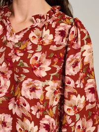 WOMEN'S LONG SLEEVE V-NECK RUFFLE HIGH-LOW FLORAL BLOUSE