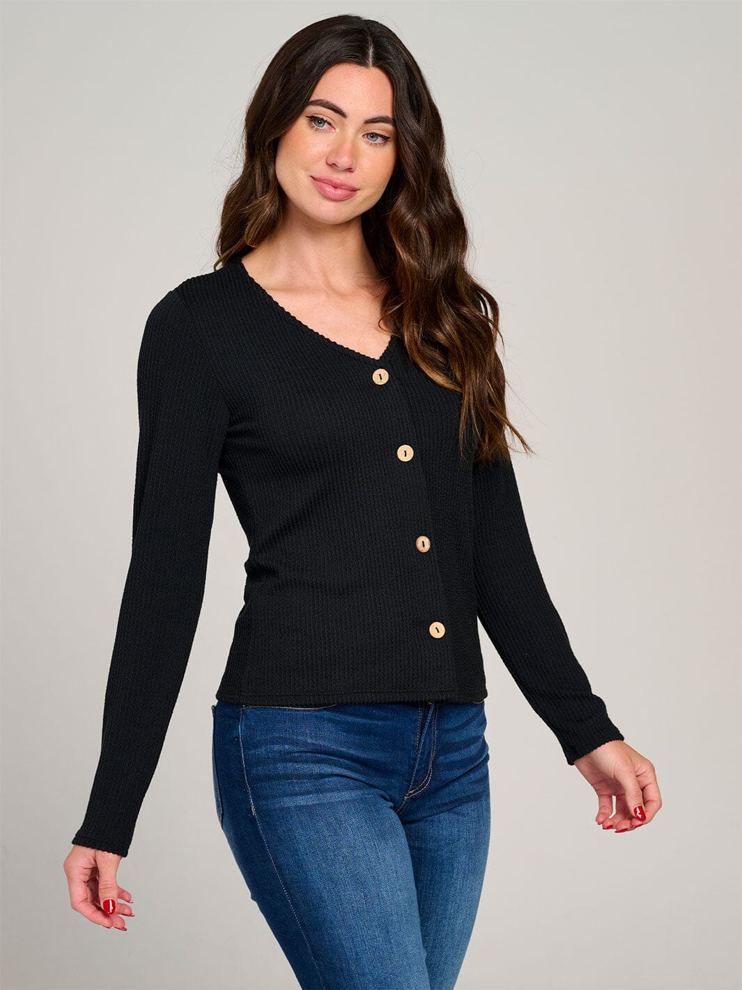 WOMEN'S LONG SLEEVE BUTTON CLOSURE RIBBED TOP