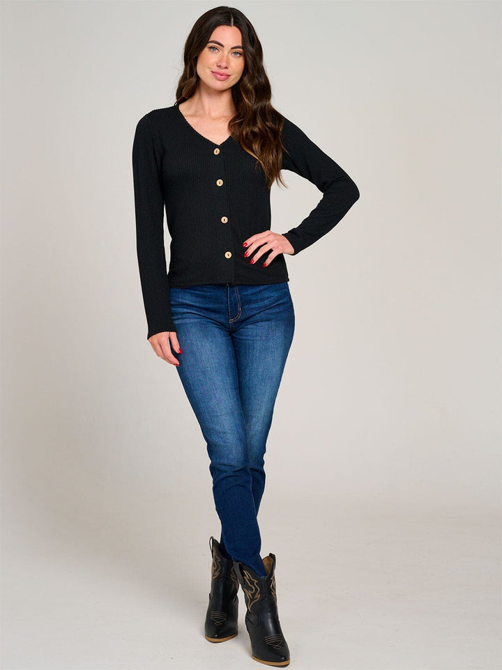 WOMEN'S LONG SLEEVE BUTTON CLOSURE RIBBED TOP