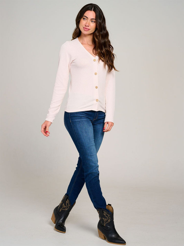 WOMEN'S LONG SLEEVE BUTTON CLOSURE RIBBED TOP