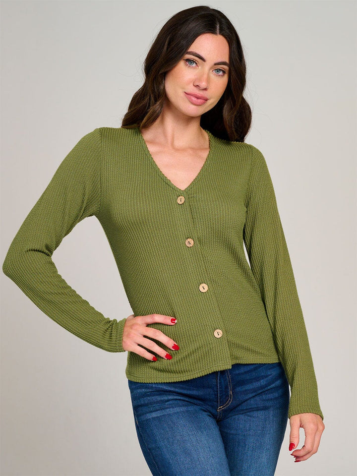 WOMEN'S LONG SLEEVE BUTTON CLOSURE RIBBED TOP