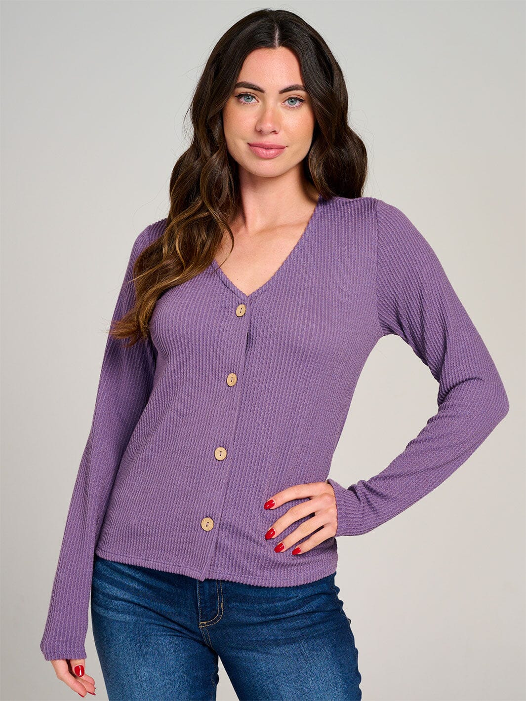 WOMEN'S LONG SLEEVE BUTTON CLOSURE RIBBED TOP